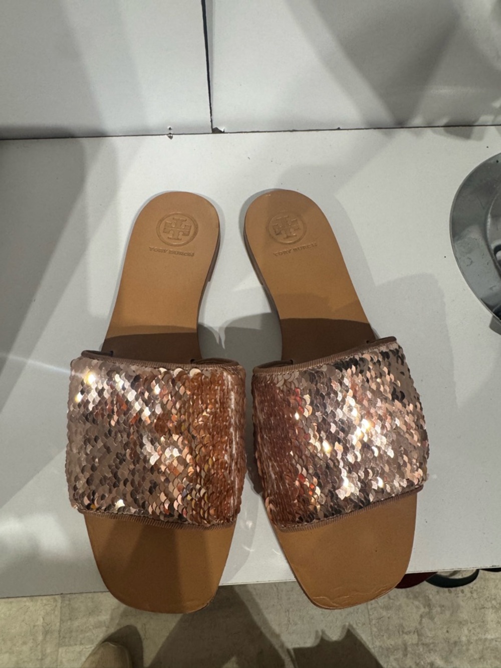 Tory Burch Carter Rose Gold Sequin Slide Sandals - Picture 2 of 5